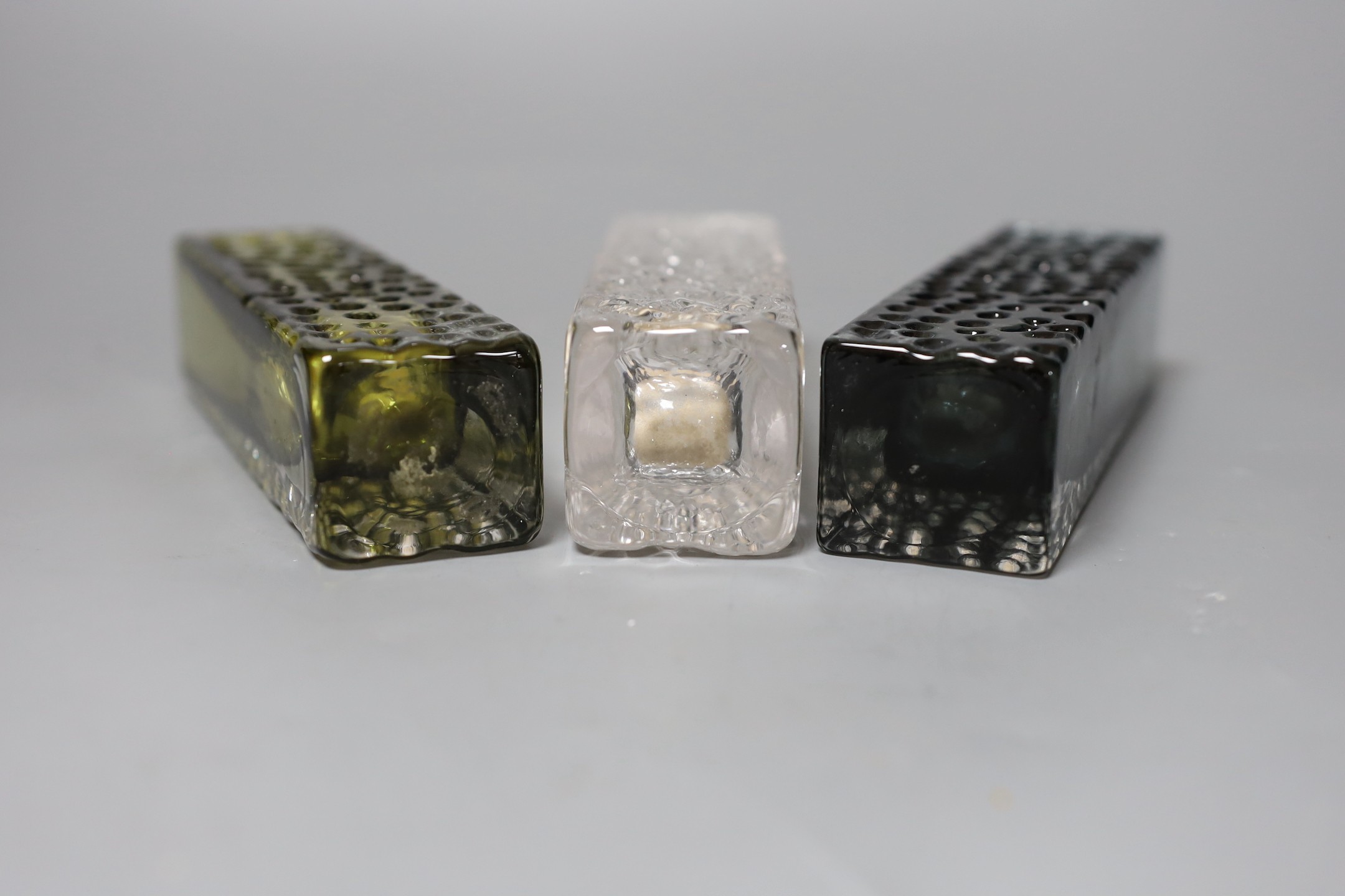 A trio of Whitefriars 'Nailhead' vases, model 9683, designed by Geoffrey Baxter, each 17cm high